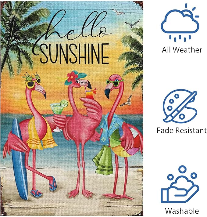 Heyfibro Flamingo Garden Flag Hello Sunshine Hawaii Tropical Beach Holiday Garden Flags 12x18 Double Sided Burlap Welcome Summer Tropical Ocean Sea Yard Flag for Seasonal Outdoor Party Decoration(ONLY