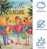 Heyfibro Flamingo Garden Flag Hello Sunshine Hawaii Tropical Beach Holiday Garden Flags 12x18 Double Sided Burlap Welcome Summer Tropical Ocean Sea Yard Flag for Seasonal Outdoor Party Decoration(ONLY
