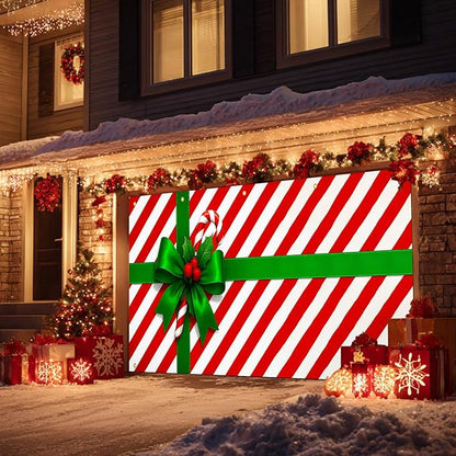 HOMETITUTE Christmas Garage Door Banner 13x6ft Gift Wrap Bow Ribbon Theme Backdrop Seasonal Christmas Decor Winter Door Cover Banners for Outside Garage Wall Covering for Party Garage Decorations
