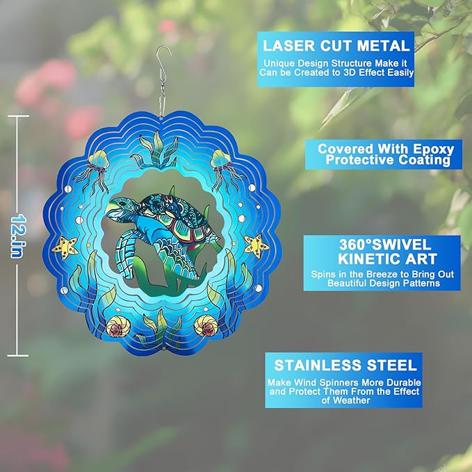 Wind Spinner Mandala 12 inch 3D Stainless Steel Laser Cut Metal Art Geometric Pattern Hanging Wind Spinner (sea Turtle)