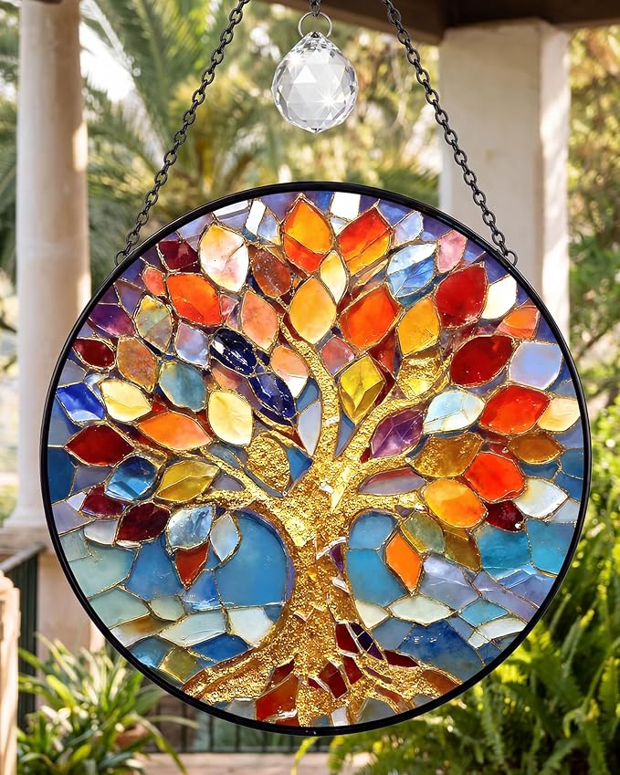 Stained Glass Window Hanging Tree of Life Sun Catcher, 7.8 Inch Suncatchers for Windows Hanging, Tree of Life Window Art Home Decor Gift for Women