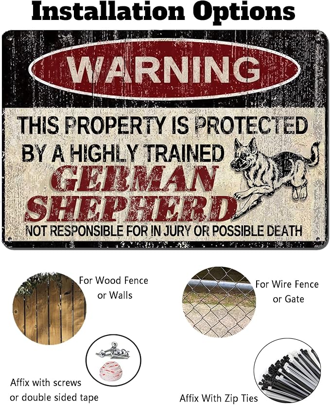 Vintage German Shepherd Metal Sign Warning This Property is Protected by Highly Trained German Shepherd Yard Sign Outdoor Home Wall Decor 12x8Inch