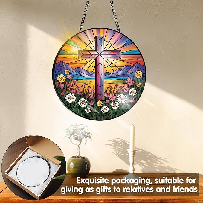 VAIIEYO Cross Sun Catcher Stained Glass Window Hanging Ornament, Handmade Sun Catcher Religion Decoration with Hooks for Window Garden Home, Mother's Day & Birthday Housewarming Gift (7.8 inch)