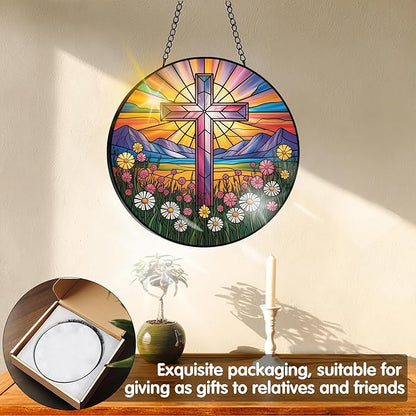 VAIIEYO Cross Sun Catcher Stained Glass Window Hanging Ornament, Handmade Sun Catcher Religion Decoration with Hooks for Window Garden Home, Mother's Day & Birthday Housewarming Gift (7.8 inch)