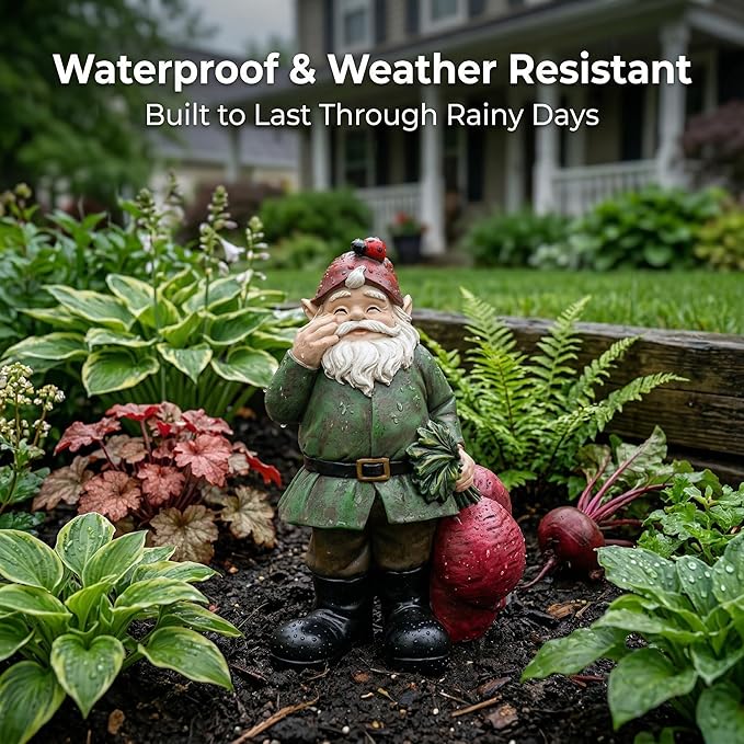 Topadorn Gnomes Figurine Resin Sculpture Garden Gnome Drag a Brunch of Radishes Statue with a Ladybug for Indoor Outdoor Decor, Radish Harvest 10 Inch, Weatherproof Garden Gnome Yard Statue Decor