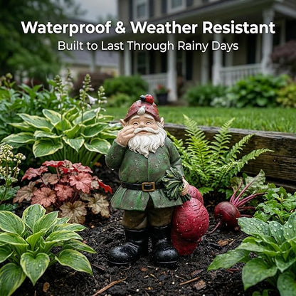 Topadorn Gnomes Figurine Resin Sculpture Garden Gnome Drag a Brunch of Radishes Statue with a Ladybug for Indoor Outdoor Decor, Radish Harvest 10 Inch, Weatherproof Garden Gnome Yard Statue Decor