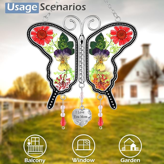 KY&BOSAM Metal Transparent Glass Butterfly Suncatcher with I Love You Mom Engraved Tag Real Preserved Dried Flower Window Hanging Ornament Garden Home Wall Decor Mothers Day Birthday Gift for Mom Nana