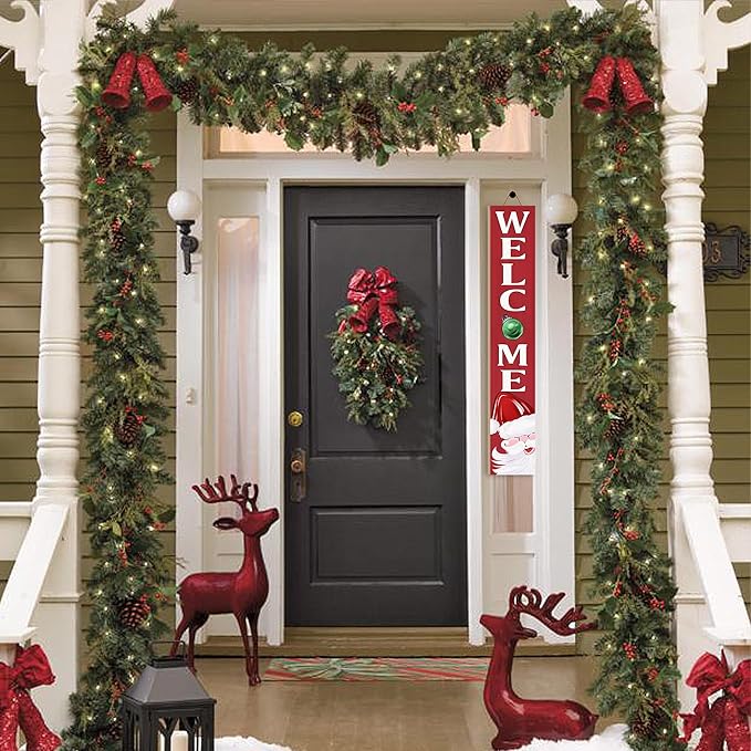 Christmas Welcome Porch Sign Decor Santa Wooden Hanging Sign Door Porch Standing Decorative Signs Plaques for Front Door Farmhouse Outdoor Indoor Welcome Sign Wall Craft Decor 47.2"H