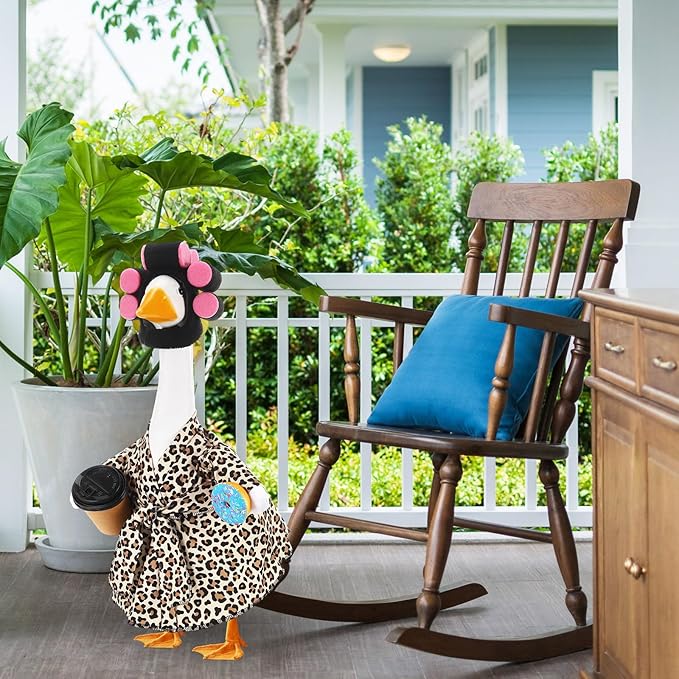 Shyyween Lady Porch Goose Outfit for 23'' Cement Plastic Lawn Goose Statue Clothes Bathrobe Coffee Cup Curlers for Outdoor Garden Yard Patio Decoration(Leopard Print Color)