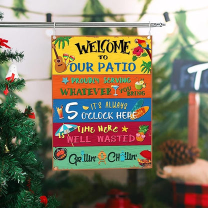 Welcome to Our Patio Outdoor Sign Metal Patio Sign Welcome Signs for Porch New Home Birthday Gift for Men Women Neighbor Friends Family Couple Party Outdoor Pool Decor, 12 x 16 Inches