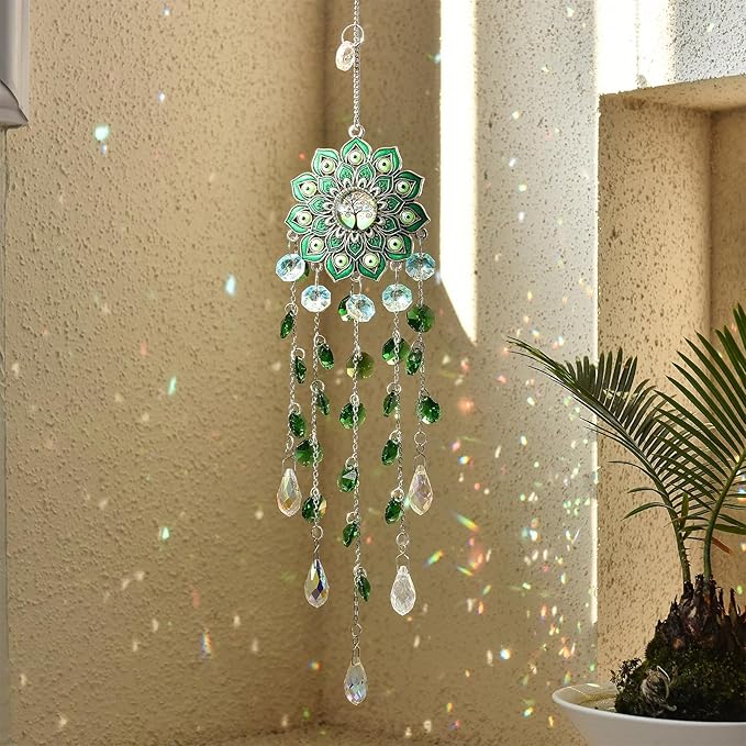 Crystal SunCatcher for Window, Sun Catchers with Crystals, Hanging Crystals Rainbow Maker, Wind Chime, Hanging Crystal for Decoration (Green)