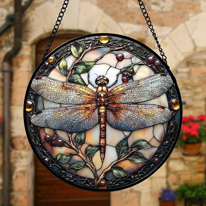 DASTOLL Stained Glass Window Hanging - Dragonfly Plant Suncatcher Ready to Hang Window Doors Home Decoration, Christmas, Mother's Day Birthday Gifts for Women, Men, and Mom11.8x11.8 in