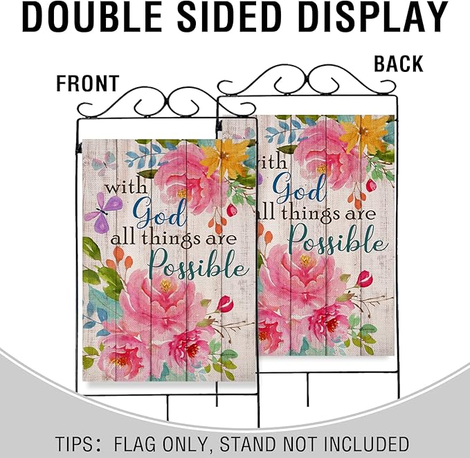 Artofy with God all Things are Possible Christian Home Decorative House Flag, Spring Summer Garden Yard Religious Outdoor Peony Flower, Inspirational Butterfly Outside Farmhouse Large Decor 28 x 40