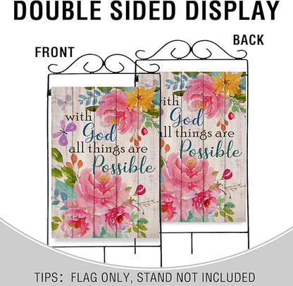 Artofy with God all Things are Possible Christian Home Decorative House Flag, Spring Summer Garden Yard Religious Outdoor Peony Flower, Inspirational Butterfly Outside Farmhouse Large Decor 28 x 40