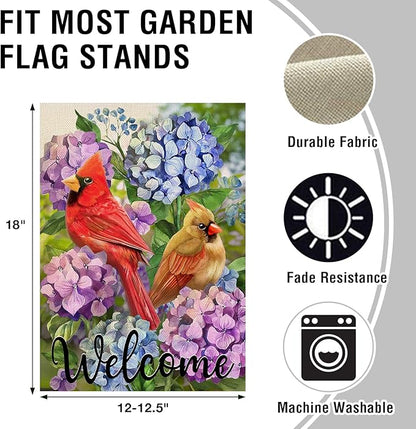Artofy Welcome Summer Cardinal Red Birds Home Decorative Garden Flag, Yard Hydrangea Flowers Outside Decor, Spring Floral Outdoor Small Burlap Decoration Double Sided 12 x 18