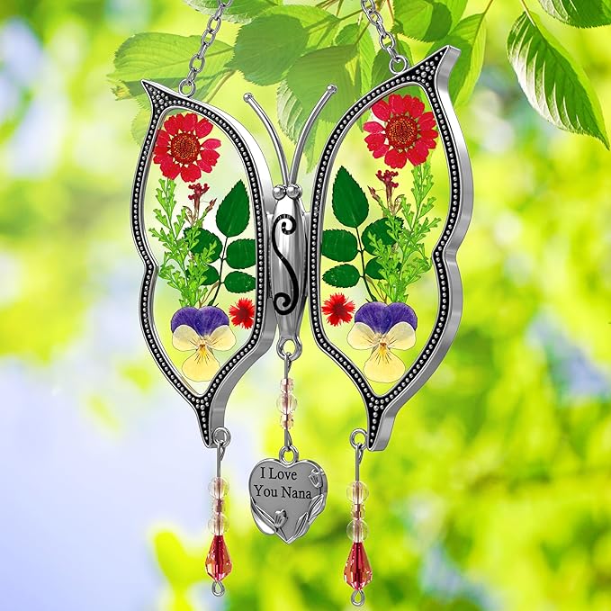 KY&BOSAM Metal Clip Glass Butterfly Suncatcher with I Love You Nana Engraved Tag Real Preserved Dried Flower Window Hanging Ornament Garden Home Wall Decor Mother's Day Birthday Gift for Mom Nana