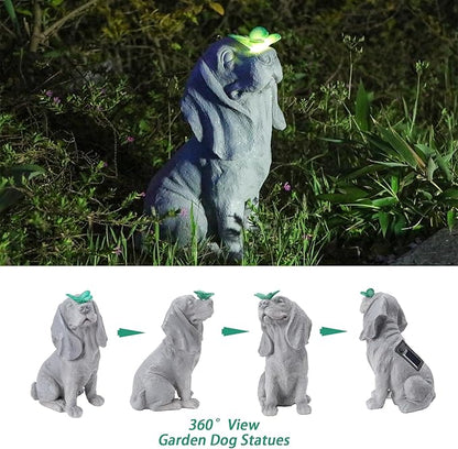 Garden Statue Dog Figurines - Outdoor Dog Statue with Solar Butterfly Lights for Patio Yard Art Decor Balcony Lawn Ornament. Ideal Housewarming Gardening Gifts for Dad Mom