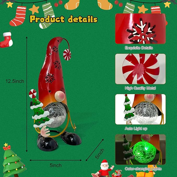 HONGLAND Christmas Decorations Outdoor Solar Gnome Yard, Color Changing LED Lights with Snowflake Hollowed-Out Hat, Cute Christmas Outdoor Decor for Garden, Patio, Pathway (Red)