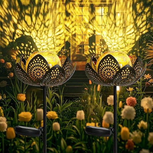 Bshine Lotus Solar Light Outdoor, Waterproof Crack Glass Globes LED Lotus Flower Metal Stake Valentine's Day Outdoor Decor Yard, Courtyard, Path, Art Lawn Ornaments, Gift for Mom Housewarming, Yellow