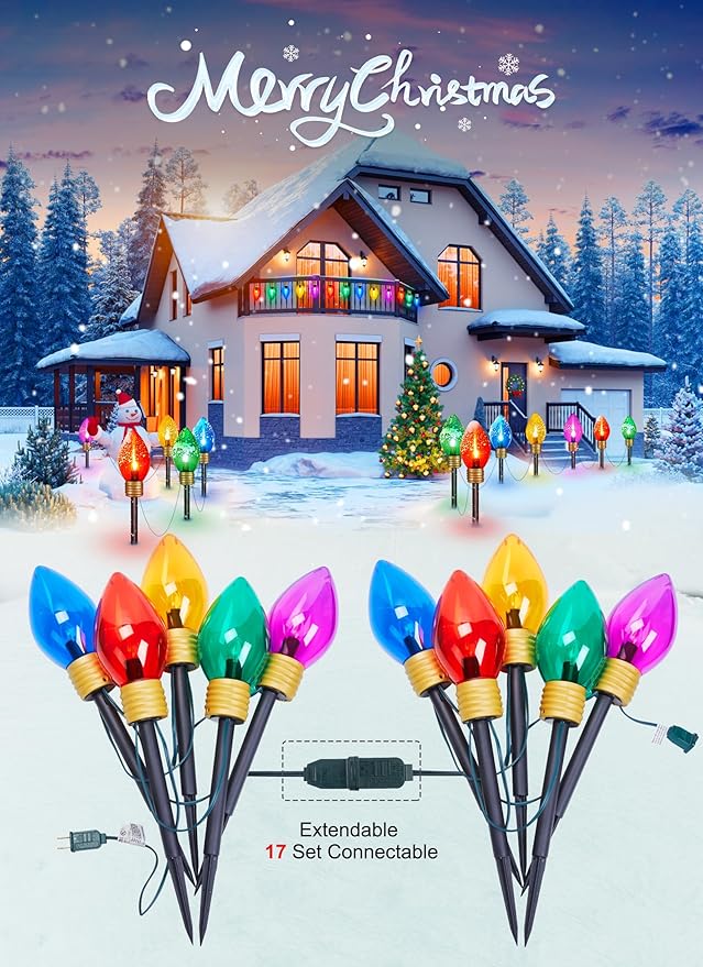 Moonflor Jumbo C9 Christmas Pathway Lights Outdoor - 8.5 Feet 5 LED C9 Walkway Light, C7 Light Covered Jumbo Multicolor Bulb Christmas Lights Outdoor Decorations for Lawn Holiday Outside Yard Garden