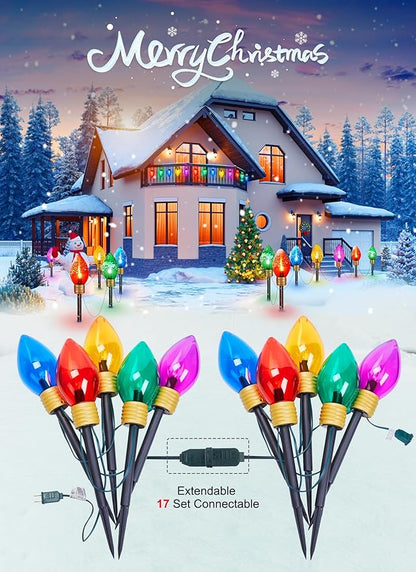 Moonflor Jumbo C9 Christmas Pathway Lights Outdoor - 8.5 Feet 5 LED C9 Walkway Light, C7 Light Covered Jumbo Multicolor Bulb Christmas Lights Outdoor Decorations for Lawn Holiday Outside Yard Garden