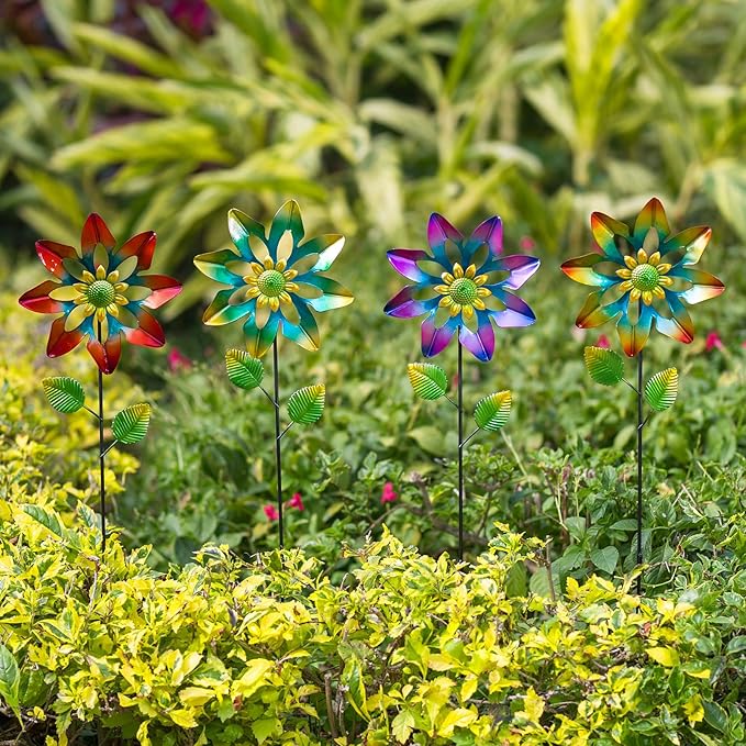 4 Pack Wind Spinners Outdoor, Colorful Small Flower Windmill, Metal Pinwheels Decorative Garden Stakes for Yard Patio Lawn Garden Decor, 27 x 7 Inches