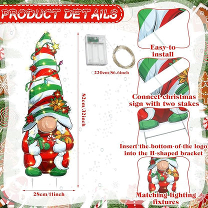 2 Pcs 32 Inch Christmas Decorations Outdoor Lighted Gnomes Decorative Garden Stakes Winter Large Christmas Yard Signs Outside Garden Yard Lawn Porch Holiday Party