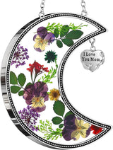 KY&BOSAM Moon Suncatcher Mom Gifts Stained Glass for Window Hangings Wind Chimes Decor with Pressed Real Flower and Metal I Love You Mom Heart Charm Birthday Gift for Women Mother`s Day Christmas