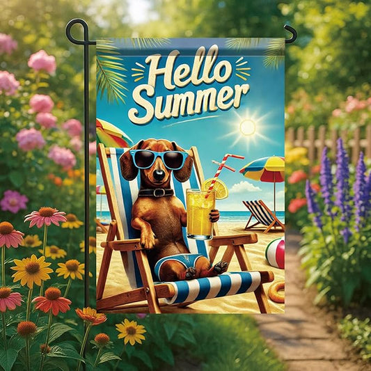 Summer Garden Flag 12x18 Inch Funny Dog Hello Summer Beach Chair Sunglasses Tropical Vacation Design Outdoor Yard Porch Lawn Patio for Seasonal Coastal Home Decor
