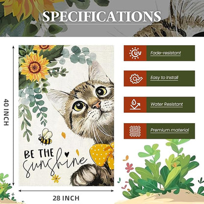 Summer Cat House Flags for Outdoor,Be The Sunshine Cat with Sunflowers Yard Flags for Outside,Spring Seasonal Decorative Flag for Farmhouse Holiday Decoration 28x40 Inch Double Sided