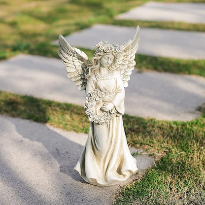 Angel Garden Statue Holding a Floral Wreath, Memorial Figurine for Patio, Lawn, Yard, Sympathy Gift Cemetery Grave, Ployresin 11.8 inch
