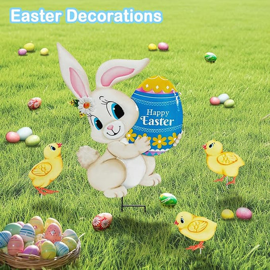 Easter Decorations Outdoor,4 Pack Metal Egg Bunny Yard Signs for Outside,Cute Easter Chick Decorations Garden Stakes for Lawn,Yard,Rabbit Gifts for Women