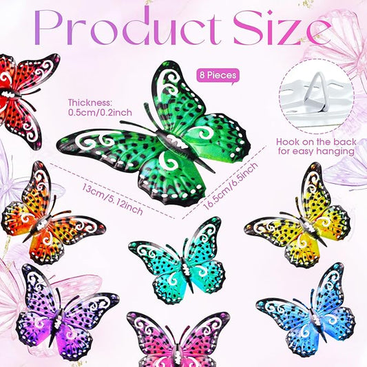 Jetec 8 Pcs Metal Butterfly Wall Decor 6.5 Inch Outdoor Butterflies Wall Art Sculpture 3D Butterfly Hanging Decoration for Spring Outside Fence Garden Yard Home Patio Balcony(Bright Style)