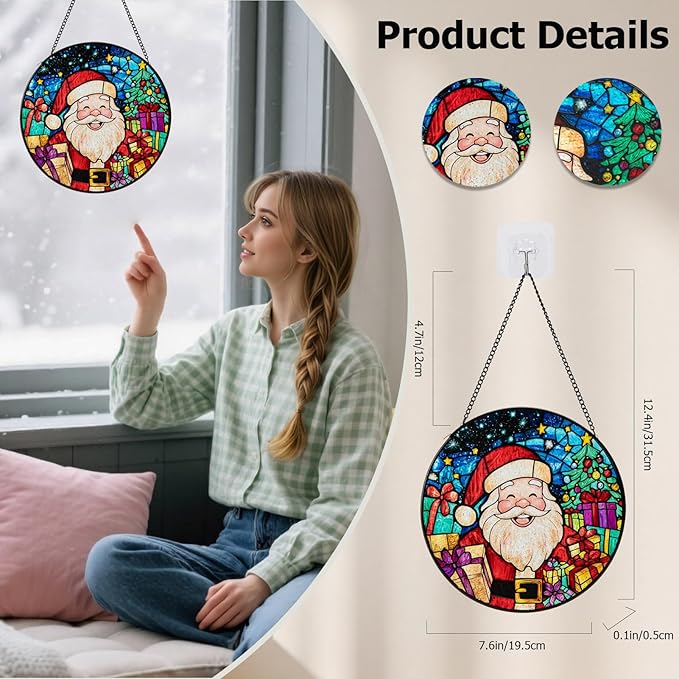 Santa Stained Glass Window Hanging, Santa Claus Suncatcher for Doors Home Sun Catchers Decoration and Christmas, Mother's Day Birthday Gifts for Women, Men, and Mom