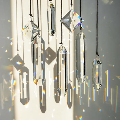HDCRYSTALGIFTS Set 7 Clear Crystal Prisms Suncatchers Hanging Glass Ornament for Christmas Tree,Rainbow Maker Sun Catchers for Windows Home Garden Decoration,Modern Grief Gift