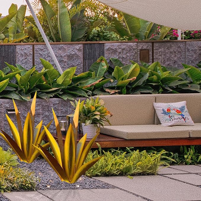 NIDONE Garden Tequila Decor, 2PCS DIY Metal Tequila Rustic Sculpture Metal Agave Yard Art for Outdoor Lawn Ornaments (Yellow)