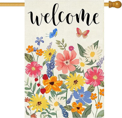 Baccessor Spring Summer Welcome House Flag Double Sided 28x40 Inch Burlap,Floral Butterflies Large Garden Flag Porch Patio Front Entry Yard Seasonal Farmhouse Outside Outdoor Decor