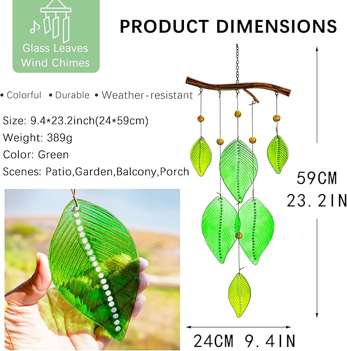 Glass Wind Chimes for Outside,Unique Handmade Windchimes Outdoors with Stained Glass Leaves for Home Window Garden Yard Patio Decor Ornament for Christmas Tree,Green 20"