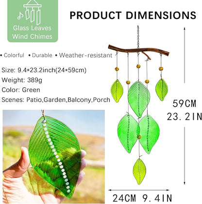 Glass Wind Chimes for Outside,Unique Handmade Windchimes Outdoors with Stained Glass Leaves for Home Window Garden Yard Patio Decor Ornament for Christmas Tree,Green 20"
