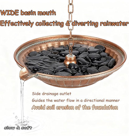 Rain Chain Anchoring Basin, 11” Dia Metal Patina Hammered Rain Chain Downspout Gutters for Outdoor Garden, Bowl for Rain Chain Spill Over with Scupper Pour Spout, Matte Coppery Decorative