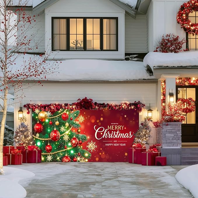 IVN Christmas Garage Door Cover Decoration 13x6ft Decorated Green Tree with Ornaments Red Holiday Merry Christmas Garage Door Banner Home Garage Door Front Yard Decor for Xmas Eve Holiday Outdoor