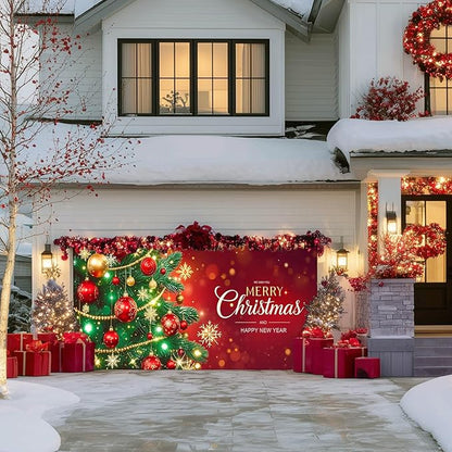 IVN Christmas Garage Door Cover Decoration 13x6ft Decorated Green Tree with Ornaments Red Holiday Merry Christmas Garage Door Banner Home Garage Door Front Yard Decor for Xmas Eve Holiday Outdoor