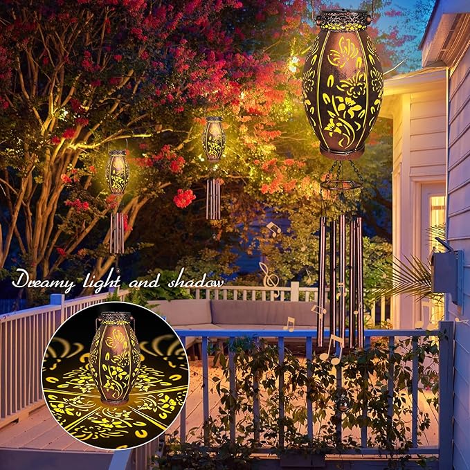 Wind Chimes for Outside 37" Butterfly Solar Wind Chimes Outdoor Gifts for Mom, Hanging Solar Lanterns Lights Wind Chime for Garden Patio Yard, Christmas WindChimes Outdoors Gifts for Women Grandma