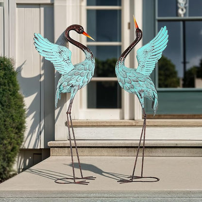47.5" Extra-Large Blue Heron Decor, Handcrafted Metal Crane Statues with Stable U-Ground Stakes, Backyard Decoration, Metal Garden Bird Animal Yard Art, Lawn Ornament
