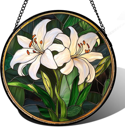 Stained Glass Window Hanging, White Lily Suncatcher for Door Garden Patio Birth Flower Green Plant Sun Catchers Decor Christmas Mother's Day Birthday Gifts for Women Mom Nana Friend 6.3 in
