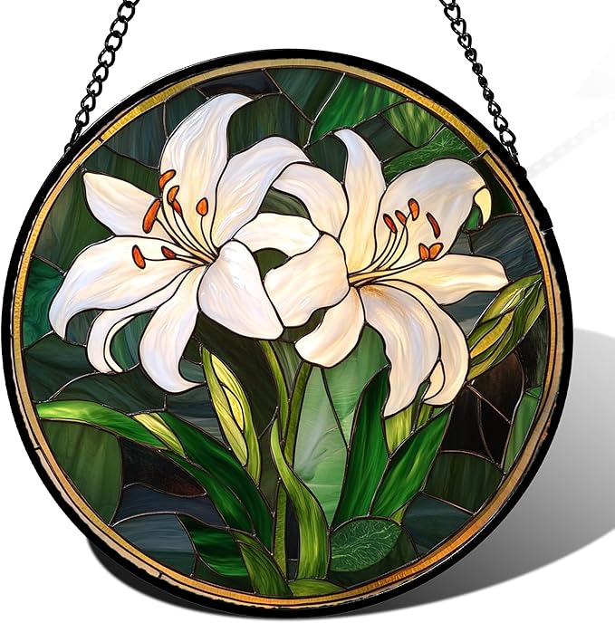 Stained Glass Window Hanging, White Lily Suncatcher for Door Garden Patio Birth Flower Green Plant Sun Catchers Decor Christmas Mother's Day Birthday Gifts for Women Mom Nana Friend 15 in