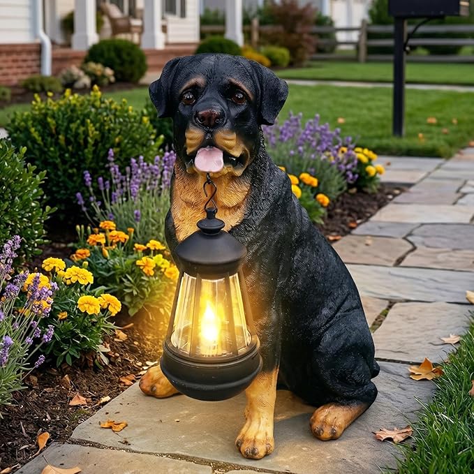 Rottweiler Dog Garden Statue with Solar Lantern & Double-Sided Sign (Welcome/On Patrol), 13.4" Tall Resin Outdoor Decor Animal Figurine for Patio, Porch, Yard Art, Perfect Dog Lover Gift