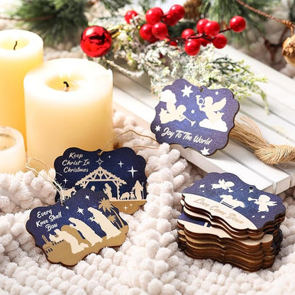 Soaoo 60 Pcs Nativity Scene Christmas Tree Ornament Christian Religious Ornaments Bulk Round Nativity Xmas Tree Hanging Wooden Decorations for Garden Yard Outdoor Home (Square Style)