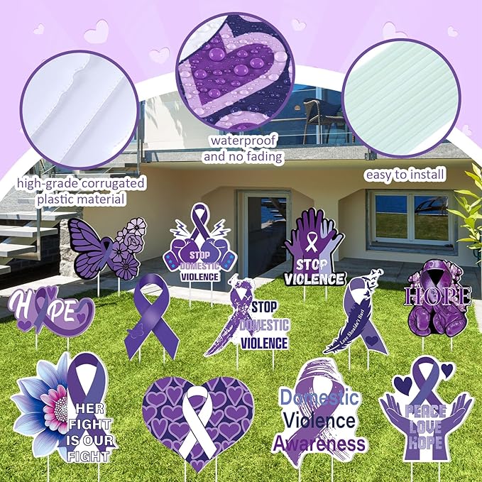 Amyhill 12 Pcs Domestic Violence Awareness Yard Sign Purple Ribbon Garden Lawn Signs with 24 Stake Stop Domestic Violence Purple Ribbon Butterfly Hands Yard Decorations for Outdoor Party Decor