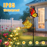 Solar Lights Garden Decor, Waterproof Solar Watering Can with Butterfly Garden Stakes, Outdoor Light with Cascading Lights for Yard Art Outside Patio Lawn Porch, Birthday Gift for Mom Women 2 Pack